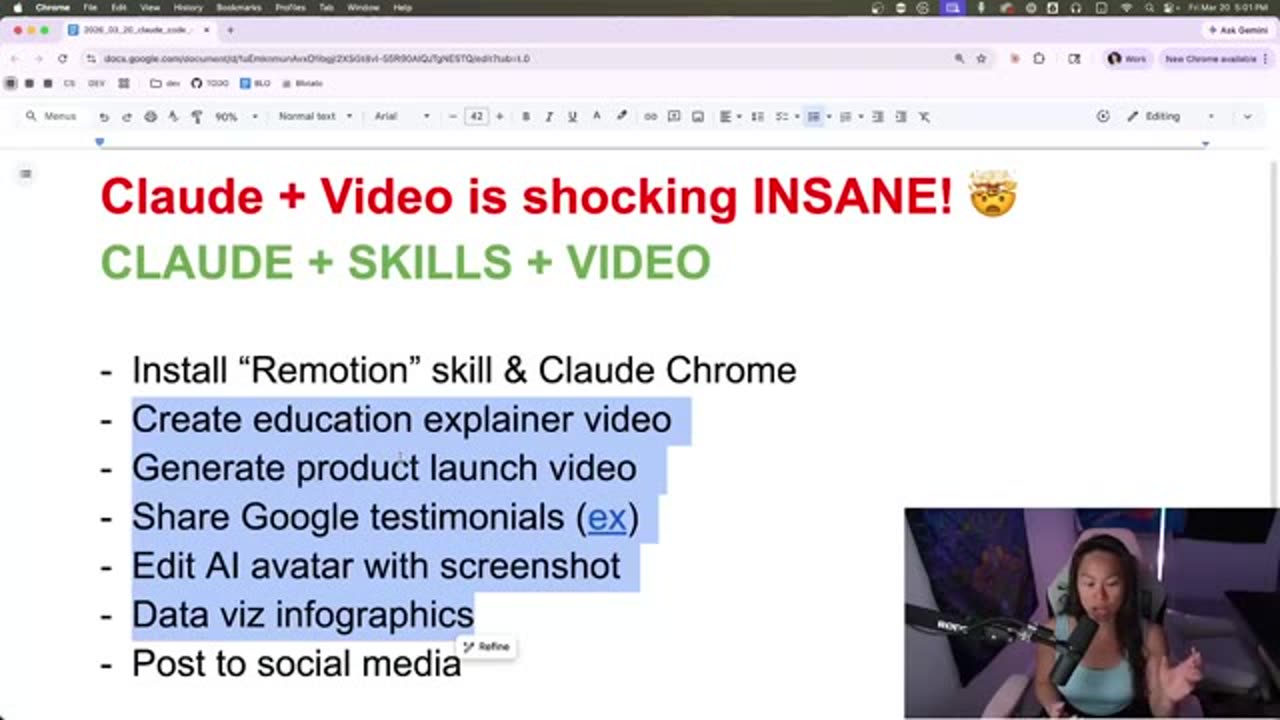 Agenda slide: install Remotion skill and Claude Chrome, then build an education explainer, product launch, Google testimonials, avatar edit, and data-viz infographic, then post to social media.