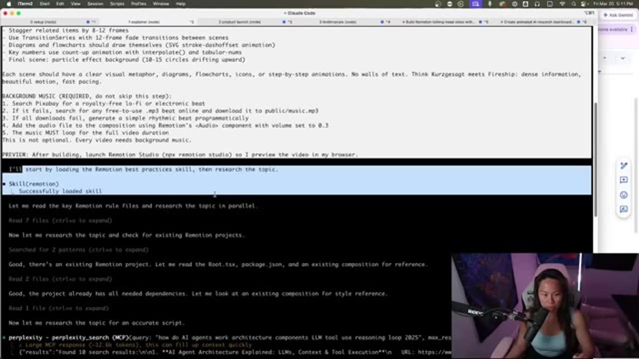 Claude Code terminal showing Skill(remotion) Successfully loaded skill, then reading rule files and researching the topic.