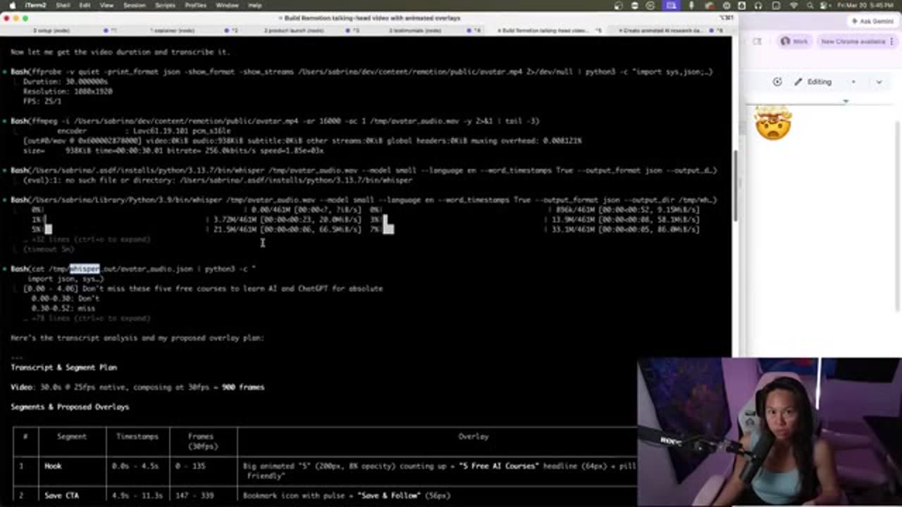 Claude Code using FFmpeg and Whisper to transcribe the avatar video, then proposing a segment + overlay plan with timestamps.