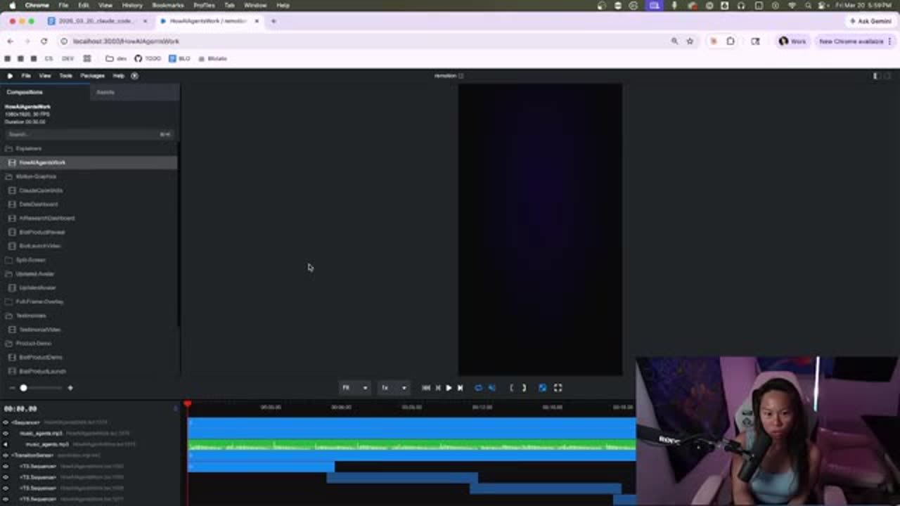 Remotion Studio interface with a compositions list on the left, video preview centre, and timeline at the bottom.
