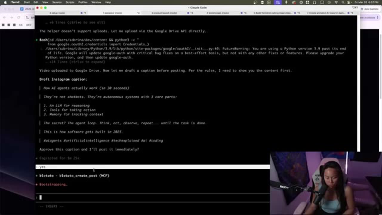 Claude Code drafting an Instagram caption for the explainer video and posting it via the Blotato MCP create-post tool.