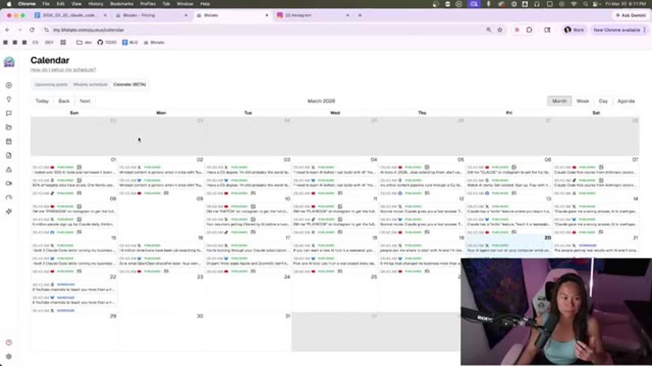 Blotato content calendar showing scheduled posts across multiple days and channels.